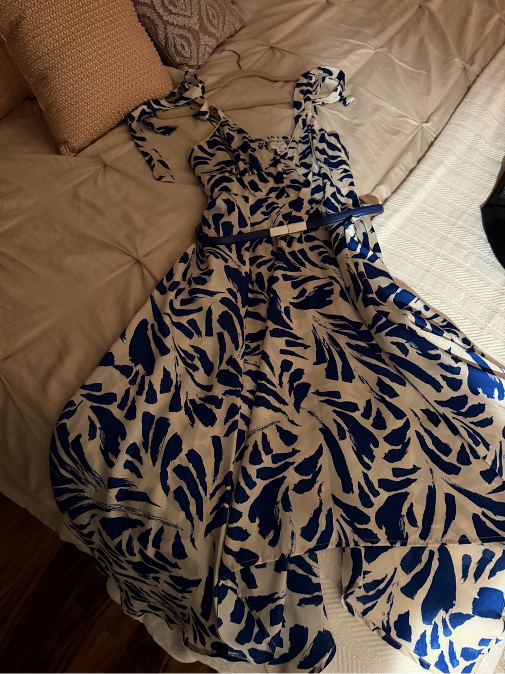 Alexis Blue and White Print Midi Dress with Tie Straps